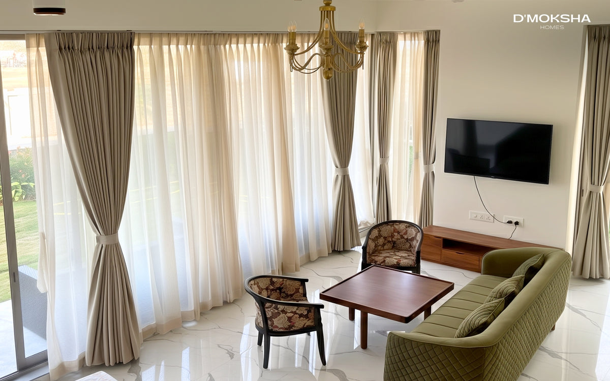 D'Moksha curtain installation at Aayaam Villas, Lonavala — second room